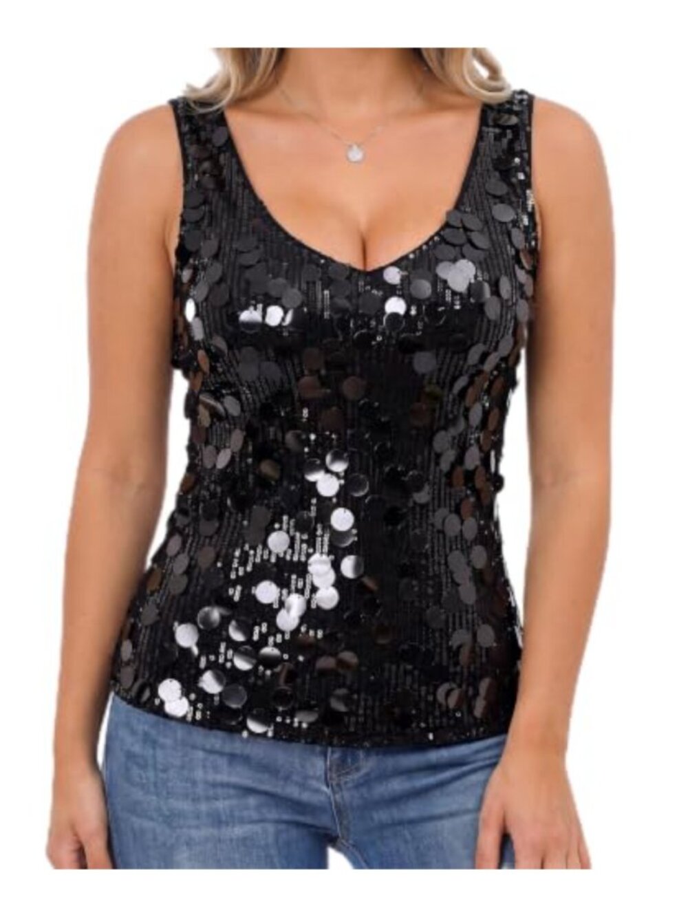 Sequin Tank Top Sleeveless V Neck Party Shirt